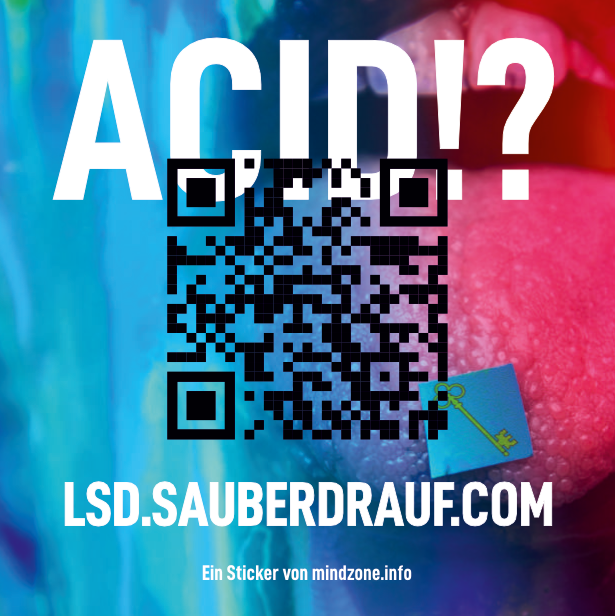 Ein Sticker von Mindzone.info über LSD auch Acid genannt mit einem QR Code auf bunten Farben. 