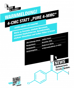 07.12.2023 - Warnmeldung! - 4-CMC statt „pure 4-MMC“: wirkte stärker als erwartet; führte zu Paranoia, starkem Herzrasen, extremen Kopfschmerzen, Nasenbrennen, starkem Tränenfluss und kalten Füßen und Armen. (Darreichungs-)Form: weißes Pulver; Bezugsdatum: November 2023; Bezugsquelle: Dealer*in in Berlin; Analyseergebnis: 4-Chlormethcathinon (4-CMC)
