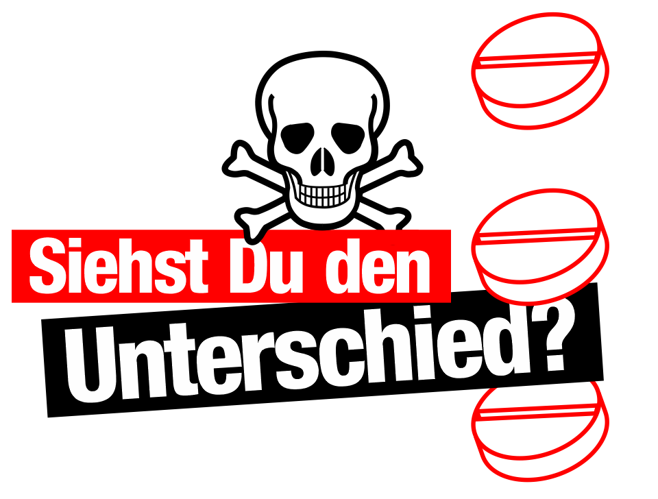 Totenkopf mit Knochen und Tabletten: Siehst-Du-den-Unterschied?