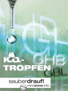 Titel Info-Booklet zu K.O.-Tropfen GHB / GBL mit einem Tropfen von oben auf tuerkis gruenen hintergrund
